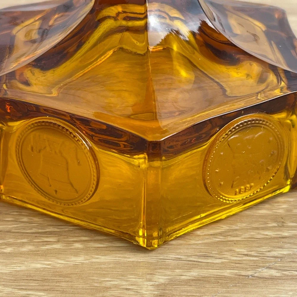 Vintage Amber Glass Coin Medallion Candlestick Holders Liberty Bell Set of 2